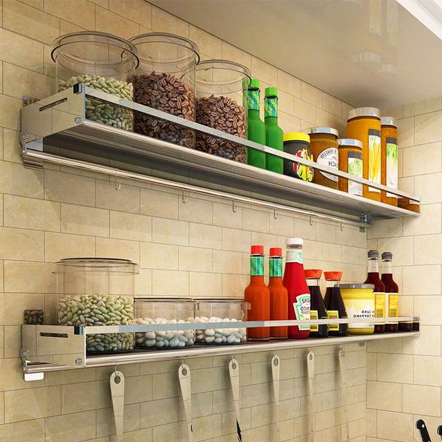 304 stainless steel kitchen storage rack wall-mounted without punching wall storage seasoning seasoning microwave oven storage rack