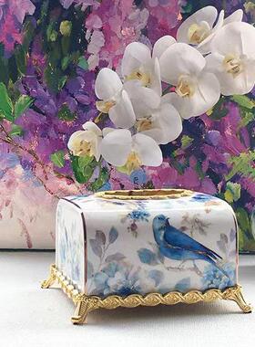 青花瓷花瓶摆件客厅插花中式国风陶瓷纸巾盒复古玄关瓷器高级感