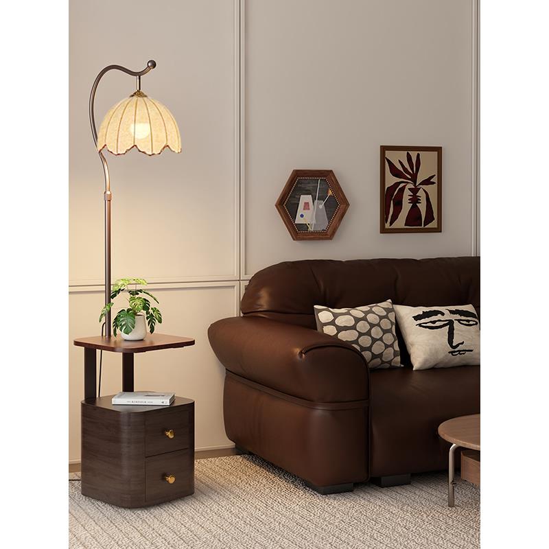 落地灯实木床头柜一体中古风卧室高级感客厅沙发边氛围边几立式灯 - 图0