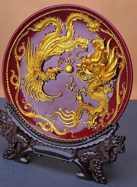 高档PGZ架紫砂朱砂龙凤新呈祥盘子摆件支客厅装饰品送礼艺人新婚
