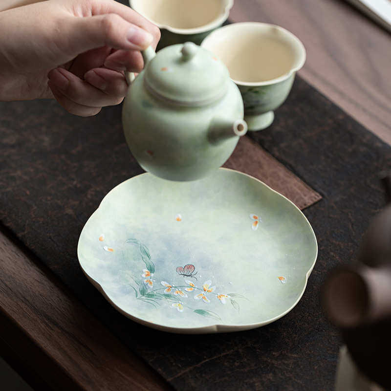 手绘文心兰陶瓷壶承中式田园风茶承茶壶盖碗底座茶点盘果盘两用,淘宝优惠券,粉丝福利购,淘宝优惠卷