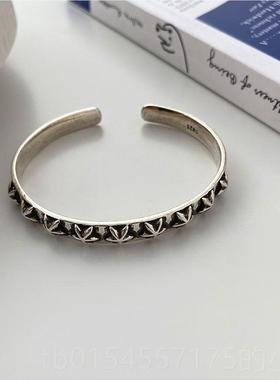 正品射25银个9性平打手复古手工1镯8K金飞鸟线錾刻开口镯小众首饰