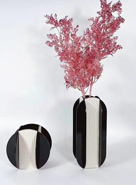 简约金属皮革黑色几何花器花瓶摆件样板房售楼处大厅软装饰品