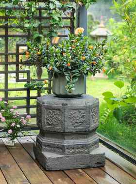 陋石坊彷石柱底吉祥如意座家花盆石墩园林造景柱础庭院花饰园装用