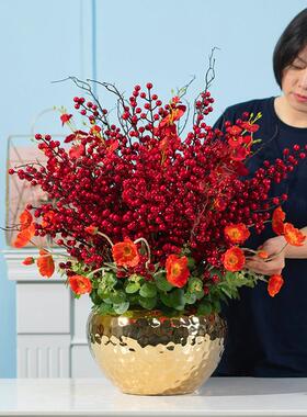 正品红色发果高端喜庆花艺彷真花饰红果客厅插花装店财面花高档年