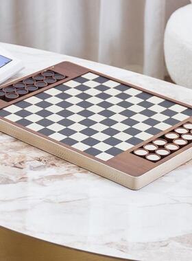 轻奢简约现代木质皮革棋子棋盘摆件样板间会所酒店桌面售楼处饰品