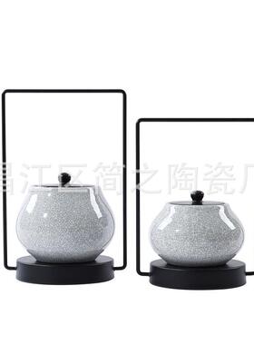 新中式白色裂纹陶瓷摆件样板房茶几软装饰品客厅电视柜茶室桌面