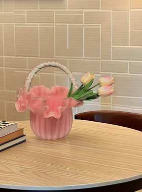 高级感精致轻奢琉璃手提篮花瓶玻璃花篮客K厅家居软装饰品插花摆