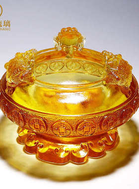 琉璃金蟾聚宝盆摆件客厅玄关家居装饰水晶工艺品乔迁开业礼品佛具