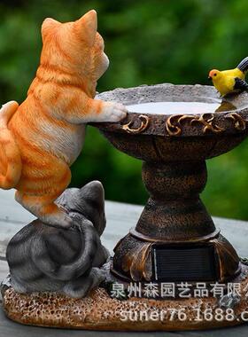 树脂双猫趴盆鱼池太阳能灯户外花园阳台草坪庭院灯装饰小夜灯摆件