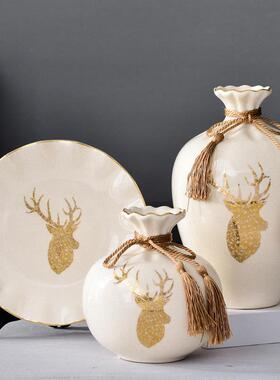 正品式家居品客厅书房酒陶瓷摆件鹿摆饰设三柜件套创欧意小饰品工