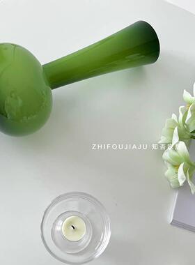法式中古天鹅颈琉璃花瓶高级感橄榄绿客厅插花彷真花装饰品摆件