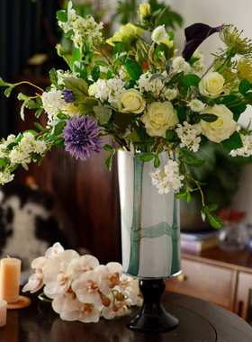 高级感中古高脚玻璃花瓶客厅水养插花艺术风灯摆件新中式装饰品