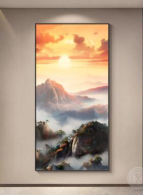 旭日东升玄关背景墙装饰画新中式竖版入户迎门墙挂画大气风景壁画