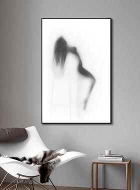 现代极简黑白灰抽象装饰画人物美女小众挂画素描简约客厅卧室壁画