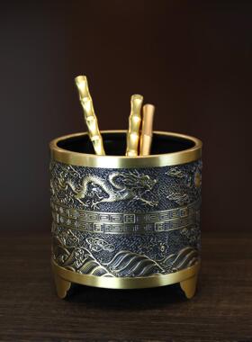黄铜龙凤祥笔筒件办摆公室全家居工艺品文SBT房用品书桌装饰品香