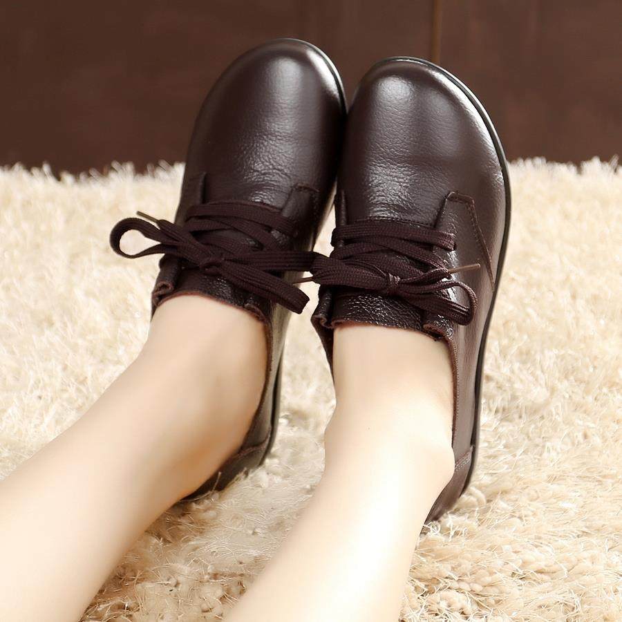 高档秋季平跟系带妈真底皮平底单鞋女鞋子软大码中老年春皮鞋低跟,淘宝优惠券,粉丝福利购,淘宝优惠卷