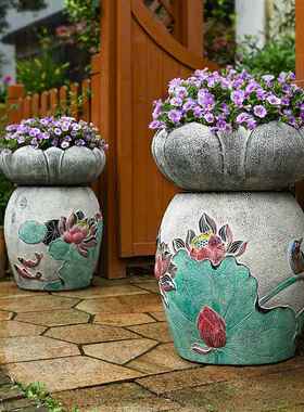 新中式花园庭院布置民宿造景装饰休闲农场小院子景观花盆景底座摆