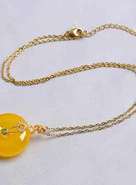 蜜蜡项链水滴平安扣鸡油黄吊坠金色夹扣锁骨链简约琥珀饰品男女款