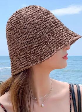 日系简约草编水桶帽女夏季透气遮阳草帽海边度假可折叠防晒渔夫帽