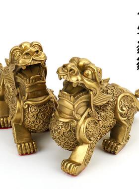 黄铜金钱貔貅摆件走路貔貅摆件一对家居饰品工艺品