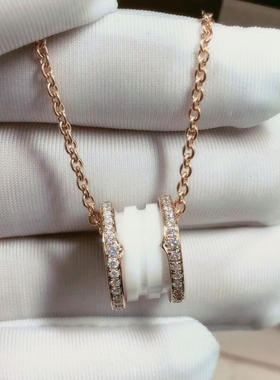 公价6万】99新宝格丽玫瑰金白陶瓷双排钻弹簧项链350053正品二手