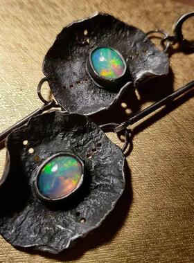 Vintage Fire Opal Stone Drop Dangle Earrings Asymmetry Long