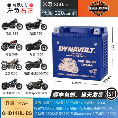 猛狮机车电瓶适用哈雷883 1200 x48/v72硬汉750蓄电池12V14L - 图0