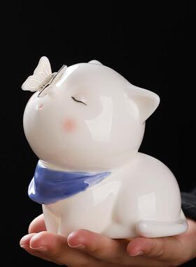 陶瓷可爱小猫咪摆件 创意书桌办公室工位解压桌面动物轻奢装饰品