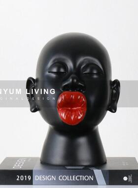 北欧轻奢风格烈焰红唇头雕塑样板房间售楼处大堂陈设抽象人物摆件