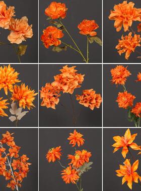 橘色彷真花婚庆花材餐桌花橙色玫瑰花订婚插花花艺婚礼假花路引花