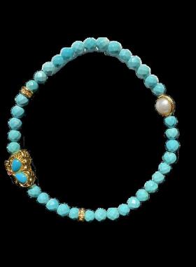 新品天然原矿高瓷绿松石切面手链18k金配饰单圈手串珠链高瓷蓝4mm