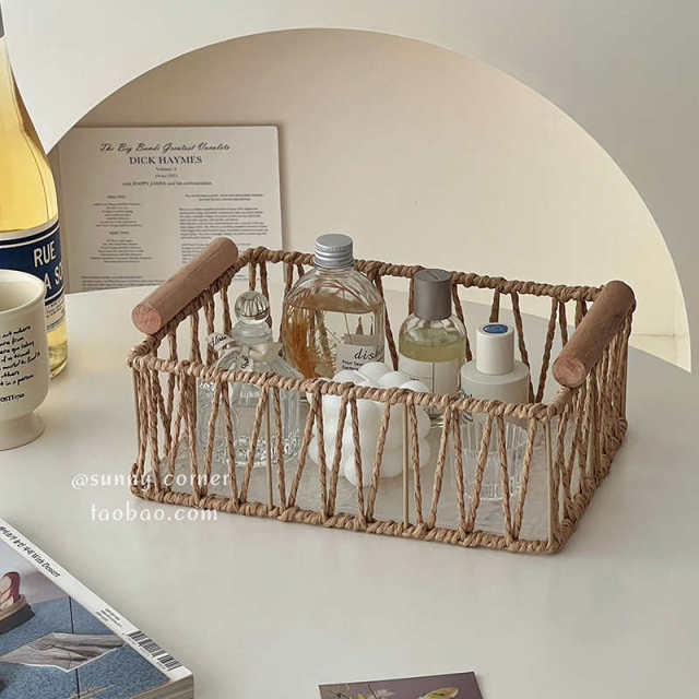 Ins retro wrought iron handheld storage basket rectangular desktop storage woven finishing frame fruit debris storage basket