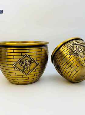 铜缸摆聚宝盆铜吸金百福缸仿古做旧铜器工艺品礼品砖纹招财铜缸