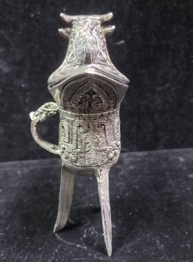 仿古做旧纯铜三脚牛头盖杯铜器爵杯古摆件装饰品酒器爵凤