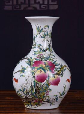 中国古董陶瓷景德镇粉彩长寿桃花花瓶家居客厅生日装饰品插花装饰
