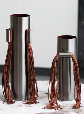 档现代轻艺奢高皮质流苏花摆GTY件器客厅样板房售楼处术皮革花瓶