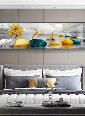 石来运转卧室床头装饰画晶瓷横板卧室壁画新中式轻奢大气床头挂画