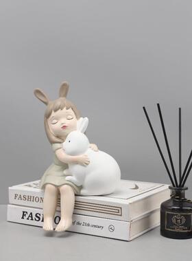 现代简约卡通可爱兔子小女孩摆件客厅卧儿童房书桌软装家居装饰品