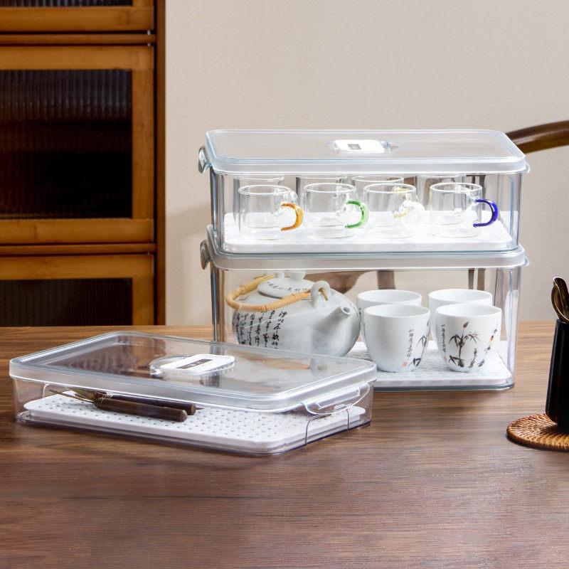 Drainage storage box, tea set, transparent wine cup, dust-proof with lid, kung fu tea cup, cup storage artifact storage