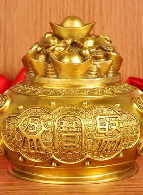 铜五路财神带盖聚宝盆摆件铜缸家居办公室装饰客厅工艺开业送礼品