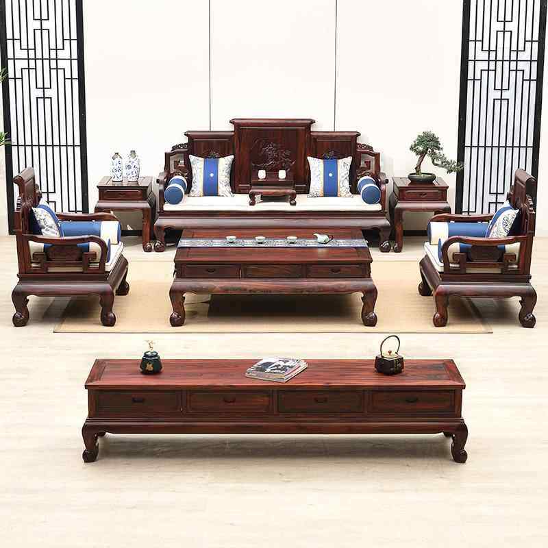 国标红木家具客厅全套印尼黑酸枝红木沙发中式全实木卷书沙发组合 - 图0