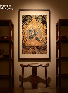 绣黑财神唐卡茶室入口装饰画客厅背景墙挂画沙发餐厅入口