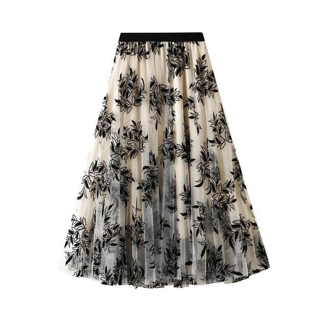 Flocked printed gauze skirt women's autumn and winter mid-length a-line large hem floral mesh white skirt long skirt 1819
