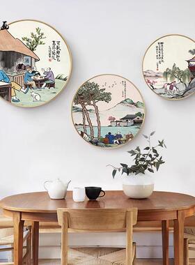 圆形丰子恺国画新中式漫画装饰画客厅饭厅书房玄关山水画水墨挂画