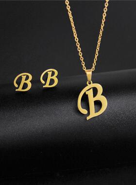 A-Z Stainless Steel charm Initial Necklace And Stud Earrings