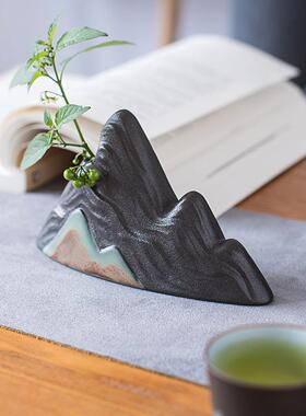 高档远山系创意瓶粗陶花家居中式禅花意陶瓷小器水培山型装饰列摆
