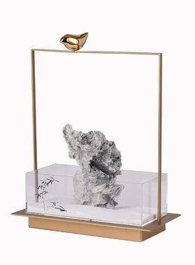 现代新中式铁艺铜鸟亚克力石山客厅卧室样板间售楼部玄关装饰摆件