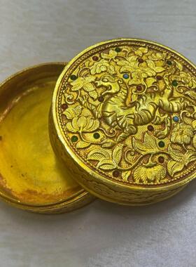 复古纯铜鎏金镶宝石首饰盒摆件 铜工艺品 文创市集仿古做旧老物件