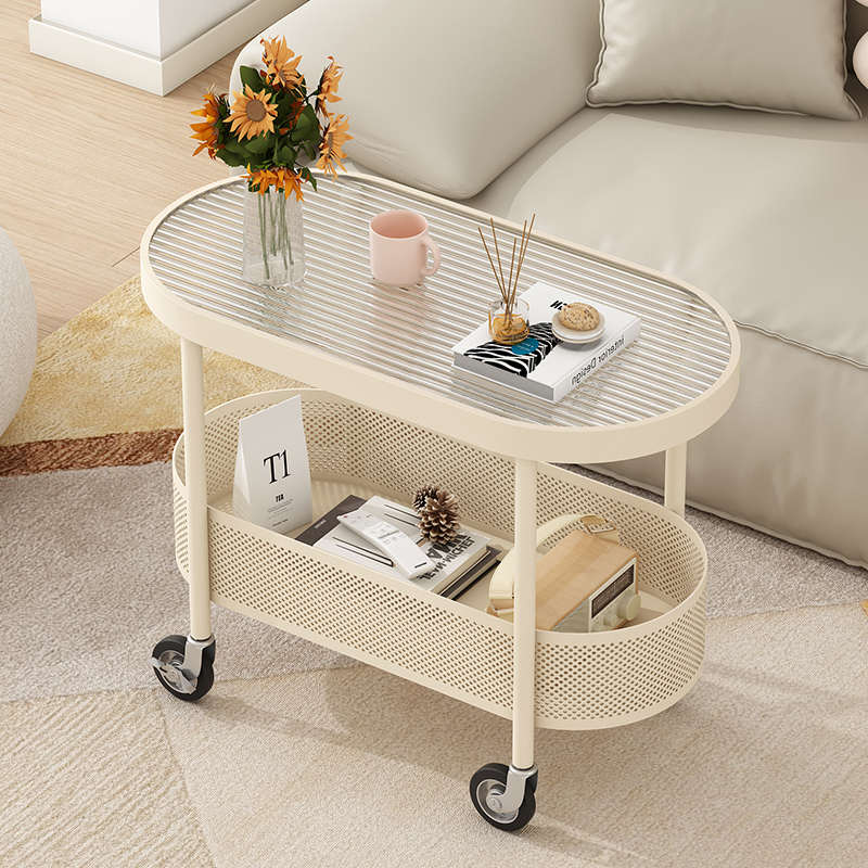 Cream style movable small coffee table sofa side table living room wheeled trolley side cabinet simple modern bedside table